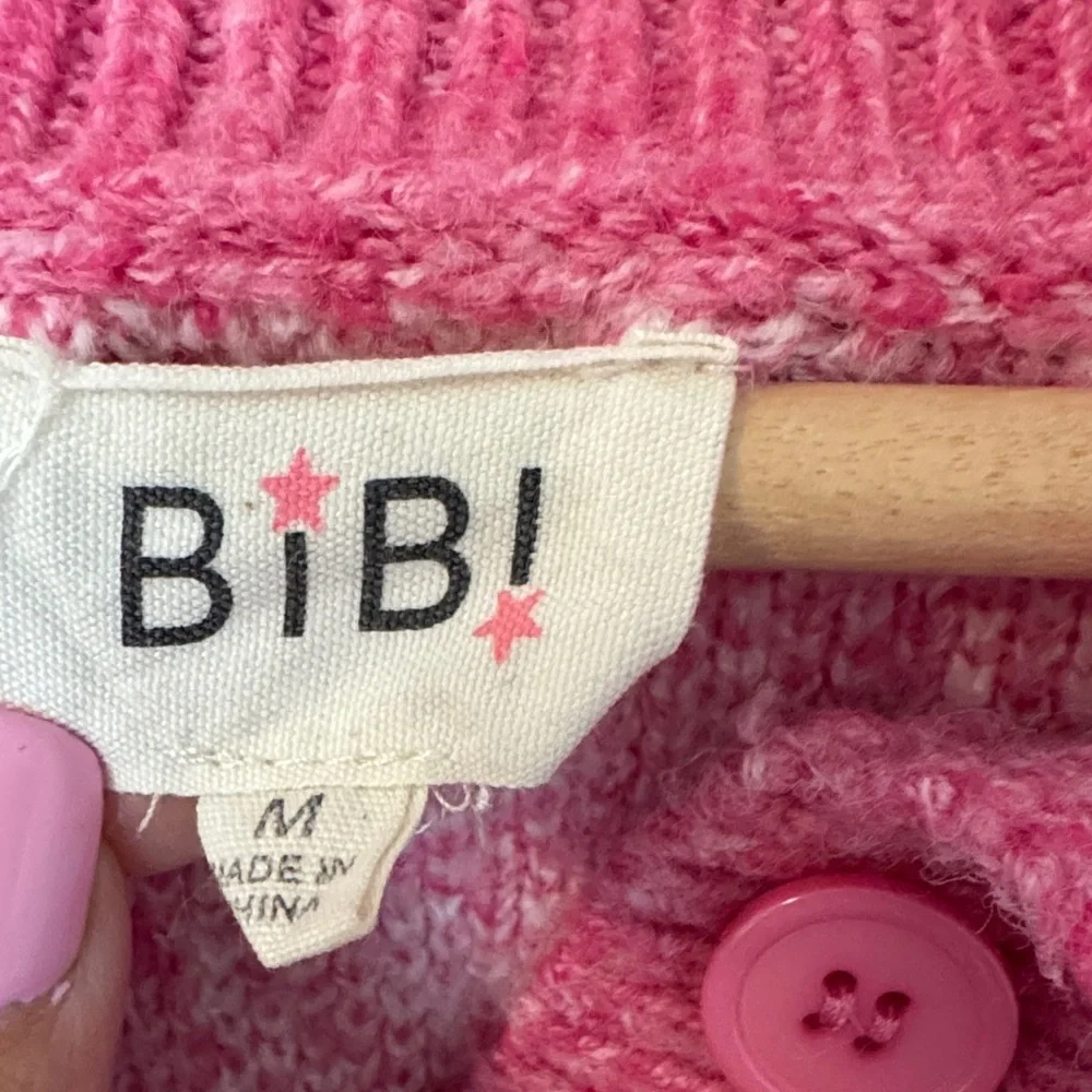 BiBi Pink and White Checkered V-Neck Button-Collar Sweater